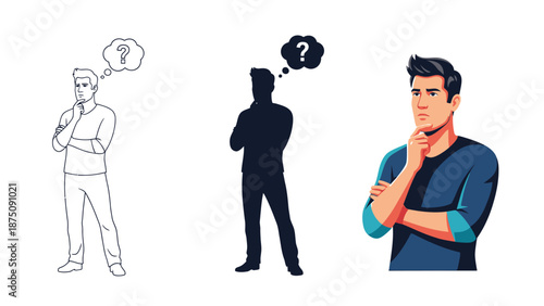 Man thinking pondering question mark confusion doubt dilemma problem solving concept illustration set
