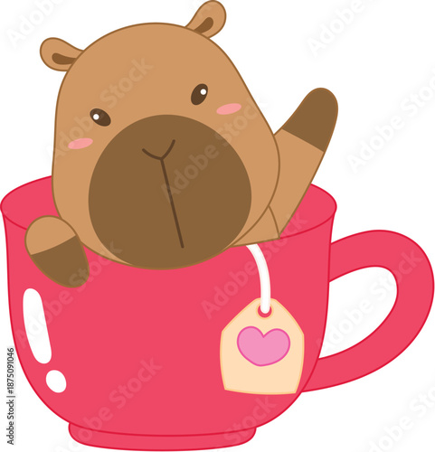 cute capybara character in red cup, funny capybara cartoon raising hand in tea cup with heart tea bag illustration