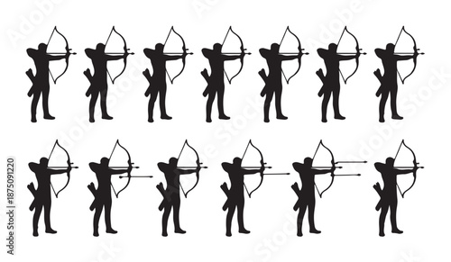 Archer silhouettes collection featuring bowmen with quivers and arrows in shooting action sequence as