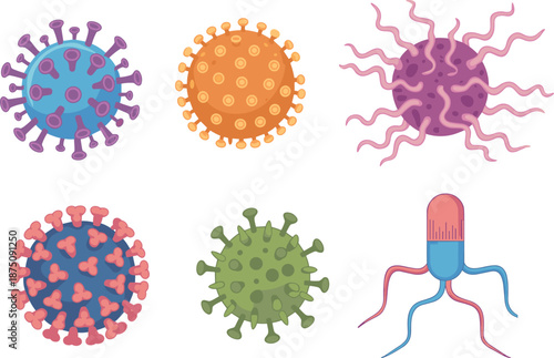 Virus and bacteria cartoon set, microbiology germ collection, pathogen cells illustration isolated on white background for education