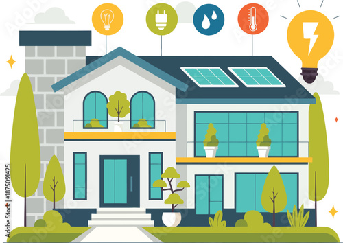 Energy Efficiency at Home Concept Illustration with Solar Panels and Eco-Friendly Technology Icons