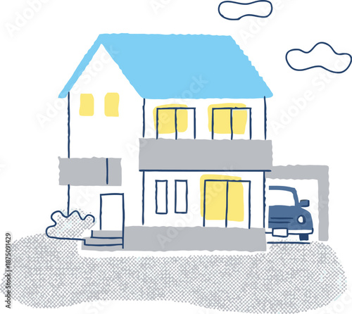 Modern Two-Story Residential House with Garage and Car Architectural Drawing in Soft Colors