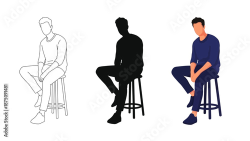 Set of three illustrations of a man sitting a high stool line art, silhouette, and flat color vector graphic