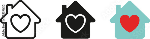 Collection of House Icons with Heart Symbols, Representing the Concept of Home is Where the Heart is, Love, and Family Care