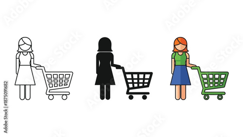 Woman pushing shopping cart set of three icons outline, solid silhouette, and color illustration