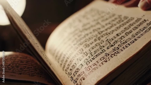 Wallpaper Mural Close-up of hands turning pages of a worn hymnbook, highlighting texture, history, and quiet worship. Torontodigital.ca