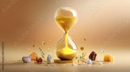 reverse. A glowing hourglass with golden sand flowing upwards, surrounded by symbolic objects representing healthy habits against a dawn gradient. wellbeing guides.