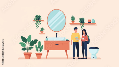 A modern bathroom illustration featuring a couple, vanity, mirror, toilet, and lush potted plants