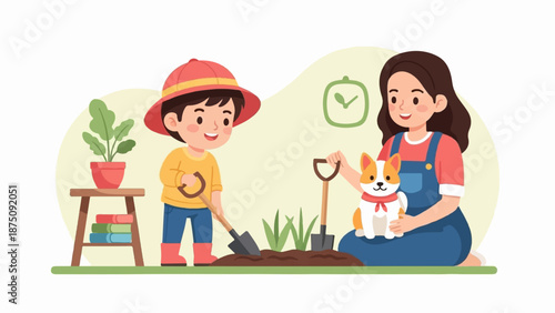 A mother, child, and dog are happily gardening outdoors, planting in soil with tools