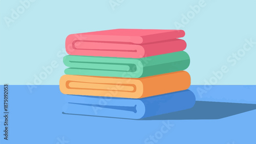 A neatly stacked pile of four vibrantly colored, folded towels or textiles on a blue surface