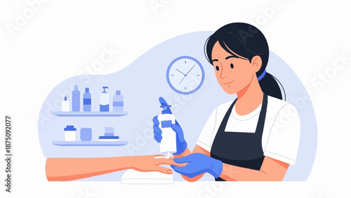 A nail technician in an apron and gloves applying lotion to a customer's hand in a salon setting