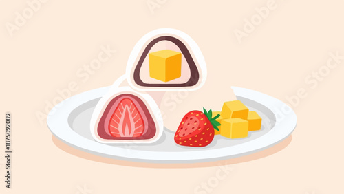 A pastel illustration of two fruit-filled desserts on a plate with fresh strawberry and mango cubes