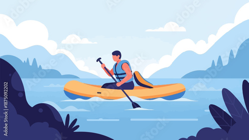 A person in an orange inflatable boat paddles across a serene lake with mountains and clouds