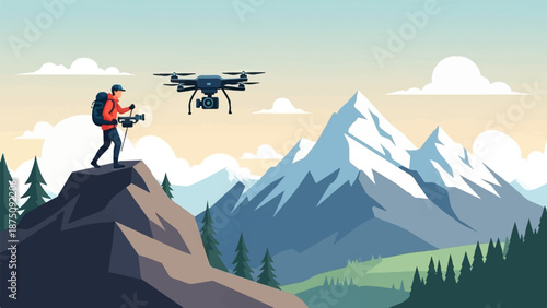 A person on a mountain peak operates a drone over a scenic snowy mountain range and forest