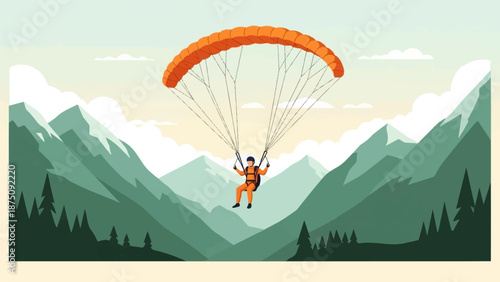 A person paragliding with an orange parachute over a serene mountain range under a pale sky