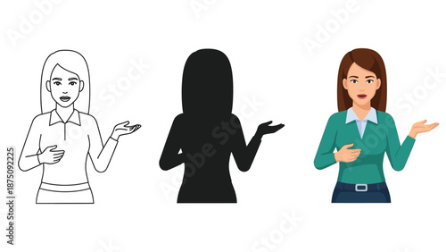 Set of three female presenter icons outline drawing, black silhouette, and full color illustration, showing gesture of presenting or explaining something