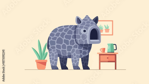 Abstract grey patterned creature in a minimalist room with potted plants, table, mug, and pitcher