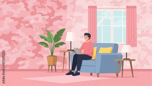 A person sits on a blue armchair, working on a laptop in a pink camouflage-patterned room