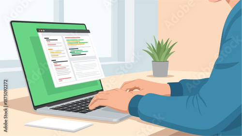 A person types code on a laptop at a desk with a plant and window, illustrating software development