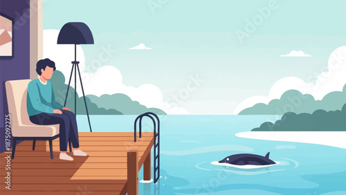 A person sits on a dock overlooking calm water where a dolphin swims near a distant shore