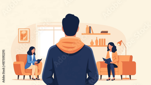 A person viewed from behind observes two women reading on armchairs in a well-lit, cozy room