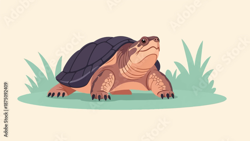 An adorable cartoon turtle with a dark shell and brown body rests on green grass, looking up curiously