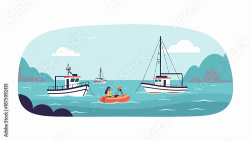 Animated scene with people in a raft amidst various boats on the water, with hills and clouds