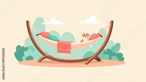 An adorable dog relaxes in a hammock outdoors with pillows and a blanket, surrounded by lush greenery