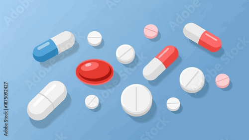 Assortment of red, white, blue, and pink capsules and tablets scattered on a light blue surface