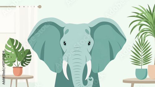 An adorable illustration of a large grey elephant's head and trunk peeking into a room with potted plants