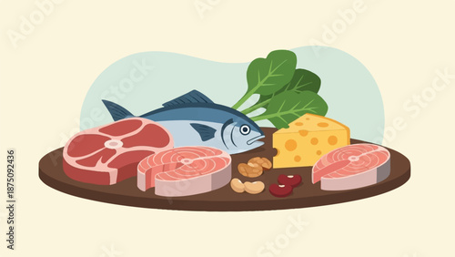 Assortment of protein-rich foods meat, fish, salmon, cheese, spinach, nuts, and beans on a board