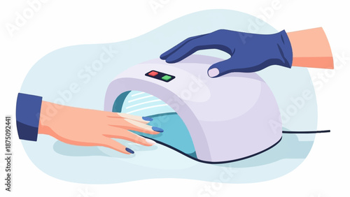 A person's hand with blue nails curing under a UV lamp, with a gloved nail technician's hand