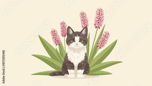 An adorable gray and white kitten with golden eyes sits among pink spike flowers and green leaves
