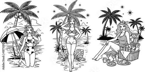 Vintage summer beach illustrations, retro pinup girls set, tropical vacation, palm trees, sunbathing, black and white line art vector.