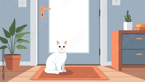 An adorable white cat with green eyes sits on an orange rug by a blue door, inside a cozy home