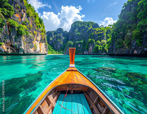 a traditional longtail boat on shimmering turquoise waters, heading towards a pristine white sand beach surrounded by lush limestone karsts under a blue sky.
