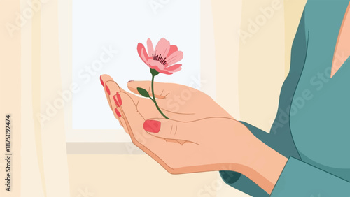 A person's hands gently hold a delicate pink flower with green stem and leaf, inside a room