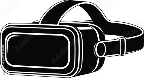 Virtual reality headset illustration, VR goggles silhouette, immersive technology device, black white minimalist vector design isolated on white background graphic