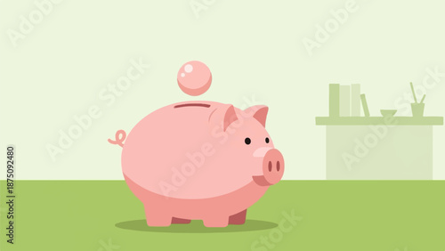 A pink piggy bank with a coin dropping into its slot, standing on green ground with an office desk in the background