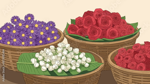 Baskets overflow with vibrant purple daisies, fragrant white jasmine buds on leaves, and deep red roses