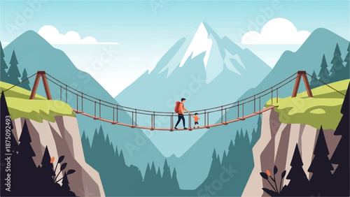 An adult and child hike across a suspension bridge high above a canyon, surrounded by majestic mountains and forests