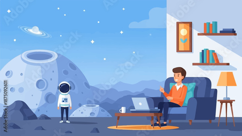 An astronaut on a cratered moon with Saturn in the sky, contrasted with a man working on a laptop indoors