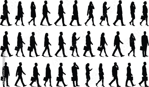 Walking business people silhouette set, side view commuters with briefcases, men women vector illustration, corporate office staff collection, isolated group.