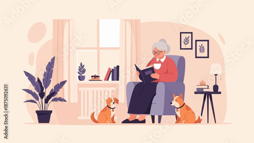 An elderly woman reads and sips tea in an armchair, accompanied by two dogs in a cozy room