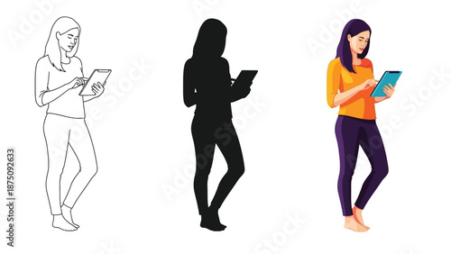 Set of three illustrations of a woman using a digital tablet line art, silhouette, and full color vector graphic