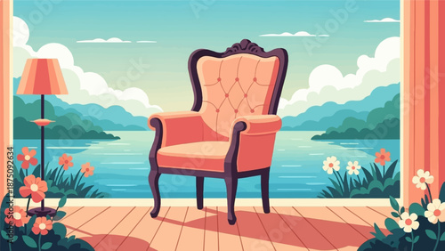A plush armchair on a sunny patio overlooking a serene lake with distant mountains under a blue sky