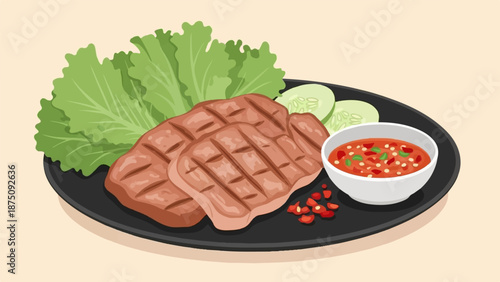 A plate of grilled meat with fresh lettuce, cucumber slices, and a spicy dipping sauce