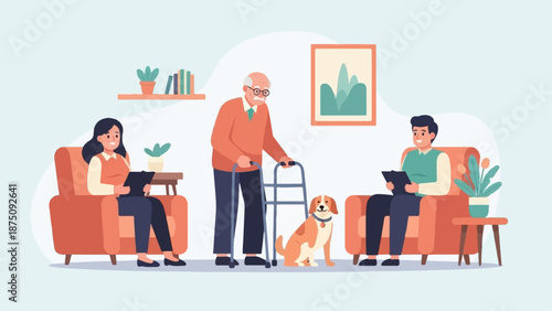 An elderly man with a walker and a dog stands between two younger individuals reading in armchairs