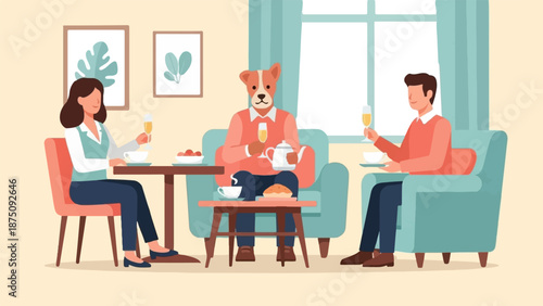 Cartoon characters, including a person with a dog head, enjoying drinks and snacks in a cozy room