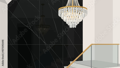 An elegant interior featuring a grand crystal chandelier, black marble wall, and a modern glass staircase